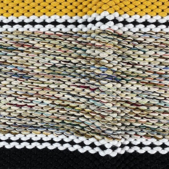 Hand Woven Throw Rug 36x24 Yellow Black Stripe Chindi Rag Reversible‎ Fringe - Picture 3 of 7